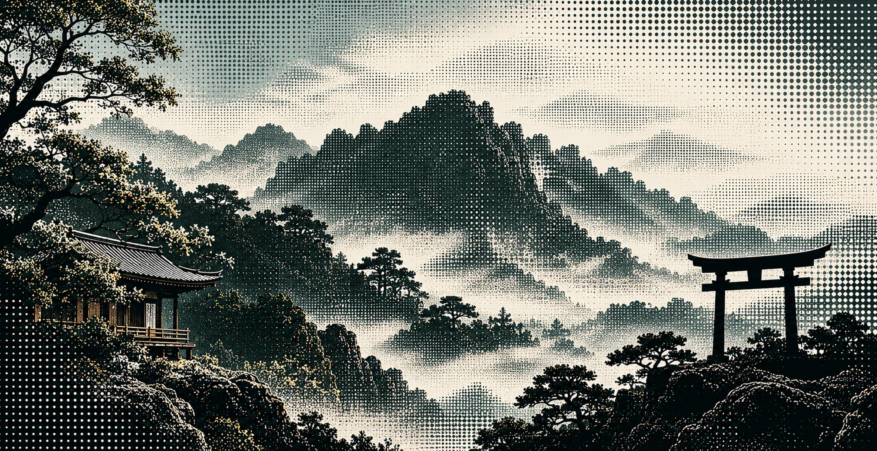 Halftone landscape of Mount Fuji, a rising sun, forest, and water